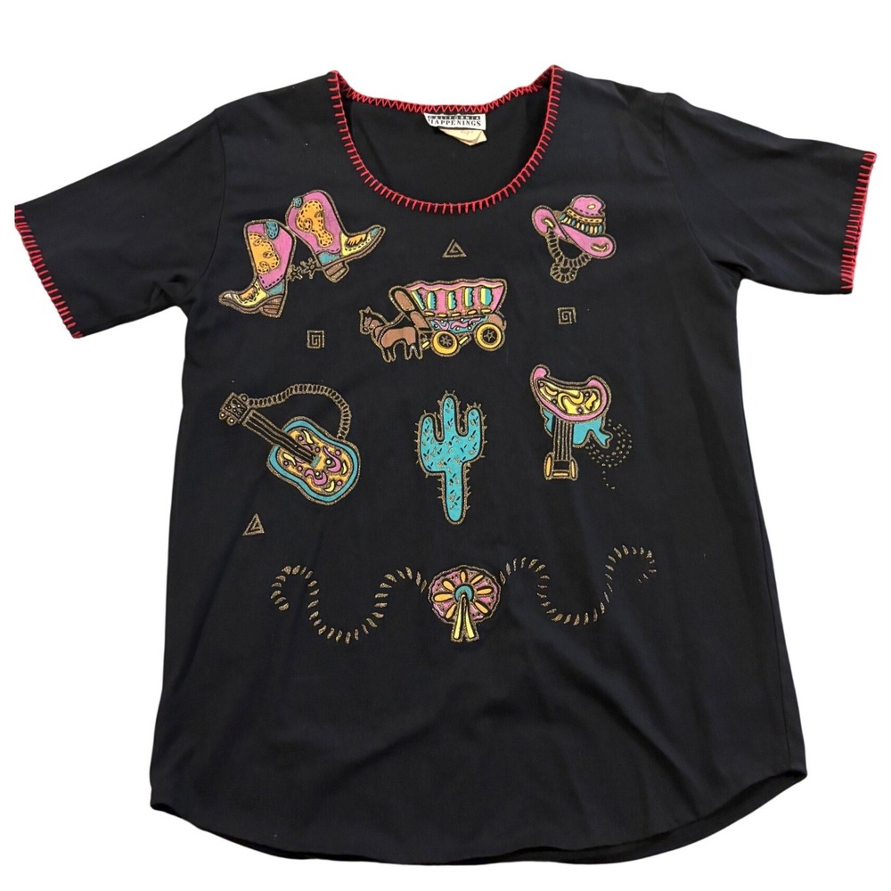 Vintage California Happenings Southwest Cowboy Cactus Wagon Graphic Top M EUC